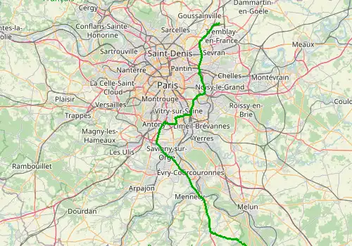 Route map Paris Charles de Gaulle Airport - Fontainebleau, 96 km, approx. 77 min