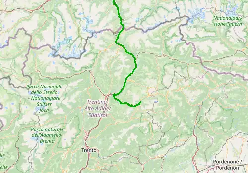 Route map Innsbruck Airport - Canazei, Val di Fassa, 159 km, approx. 146 min