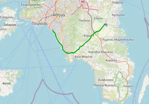 Route map Athens Airport - Marina Alimos, Athens, 34 km, approx. 52 min