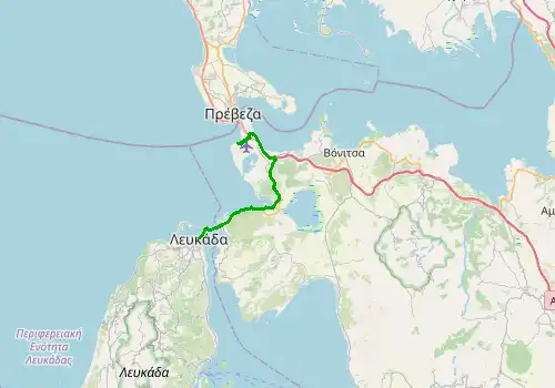 Route map Lefkada Preveza Airport - Lefkada City, Lefkada, 22 km, approx. 27 min