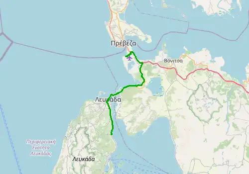 Route map Lefkada Preveza Airport - Nikiana, Lefkada, 32 km, approx. 39 min