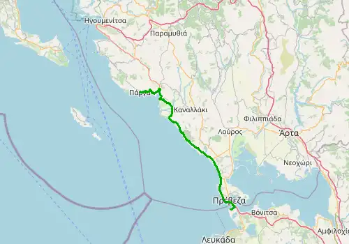 Route map Lefkada Preveza Airport - Parga, 67 km, approx. 67 min