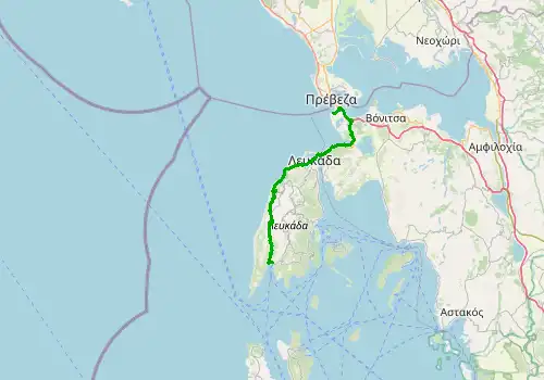 Route map Lefkada Preveza Airport - Vasiliki, Lefkada, 60 km, approx. 68 min