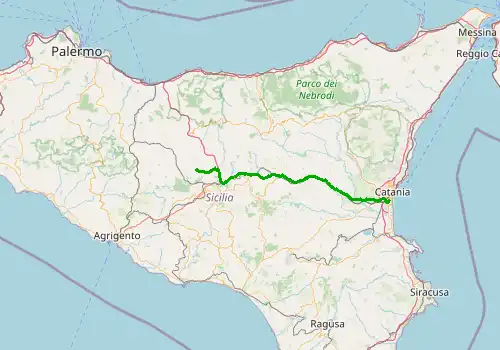 Route map Catania Airport - Portorosa, Sicily Island, 115 km, approx. 87 min