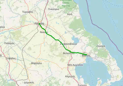 Route map Volos Airport - Larissa, 61 km, approx. 54 min