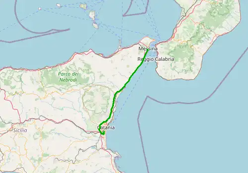 Route map Catania Airport - Messina, Sicily Island, 110 km, approx. 80 min