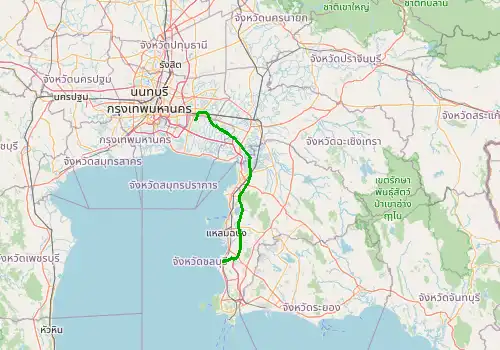Route map Bangkok Suvarnabhumi Airport (BKK) - Pattaya, 121 km, approx. 77 min