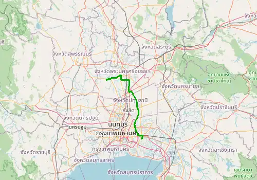 Route map Bangkok Suvarnabhumi Airport (BKK) - Ayutthaya, 116 km, approx. 91 min