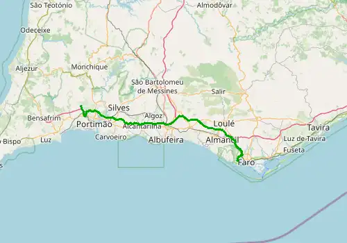 Route map Faro Airport - Portimao, 75 km, approx. 56 min