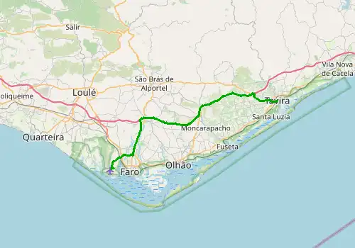 Route map Faro Airport - Tavira, 39 km, approx. 34 min