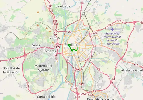 Route map Seville Airport - Seville, 4 km, approx. 10 min