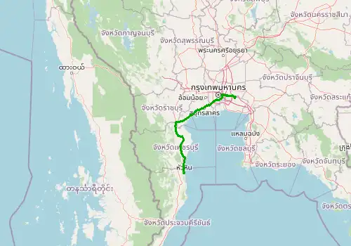 Route map Bangkok Suvarnabhumi Airport (BKK) - Hua Hin, 228 km, approx. 165 min