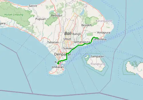 Route map Bali Denparas Airport (DPS) - Canggu, Island of Bali, 63 km, approx. 48 min