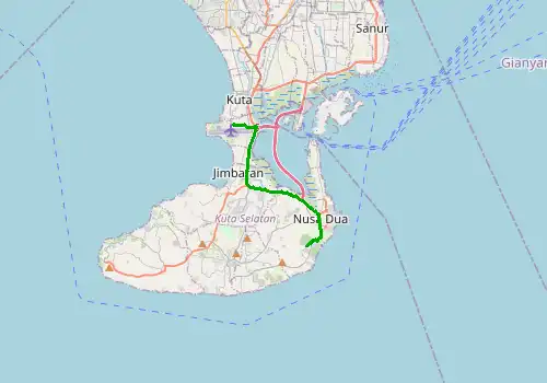 Route map Bali Denparas Airport (DPS) - Nusa Dua, Island of Bali, 15 km, approx. 14 min