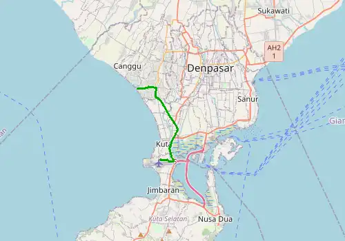 Route map Bali Denparas Airport (DPS) - Uluwatu, Island of Bali, 13 km, approx. 14 min