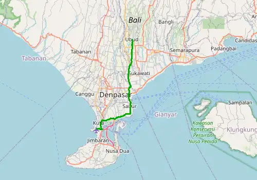 Route map Bali Denparas Airport (DPS) - Ubud, Island of Bali, 37 km, approx. 34 min