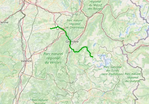 Route map Grenoble Airport - Venosc, 105 km, approx. 102 min