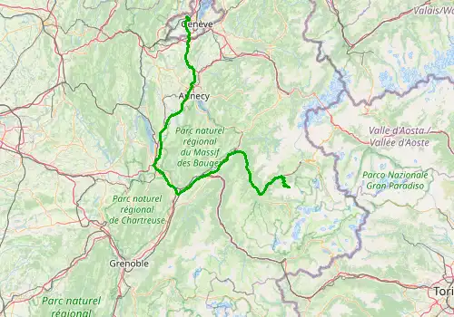 Route map Geneva Airport - Belle Plagne, 199 km, approx. 150 min