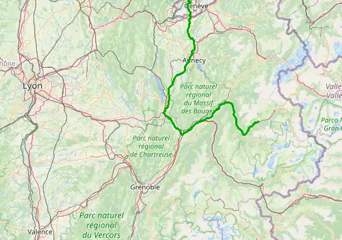 Route map Geneva Airport - Aime La Plagne, 179 km, approx. 124 min
