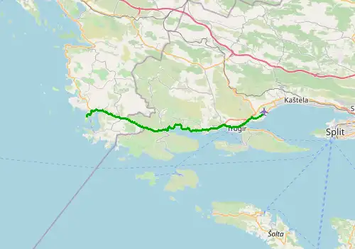 Route map Split Airport - Marina Frapa, 32 km, approx. 44 min