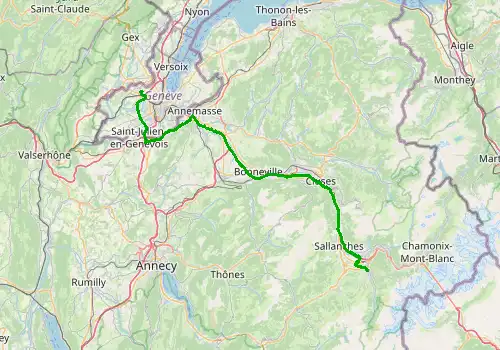 Route map Geneva Airport - Saint Gervais les Bains, 85 km, approx. 63 min