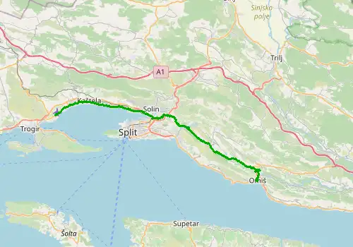 Route map Split Airport - Omis, 44 km, approx. 60 min