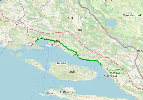 Route map Split Airport - Brela, 67 km, approx. 85 min